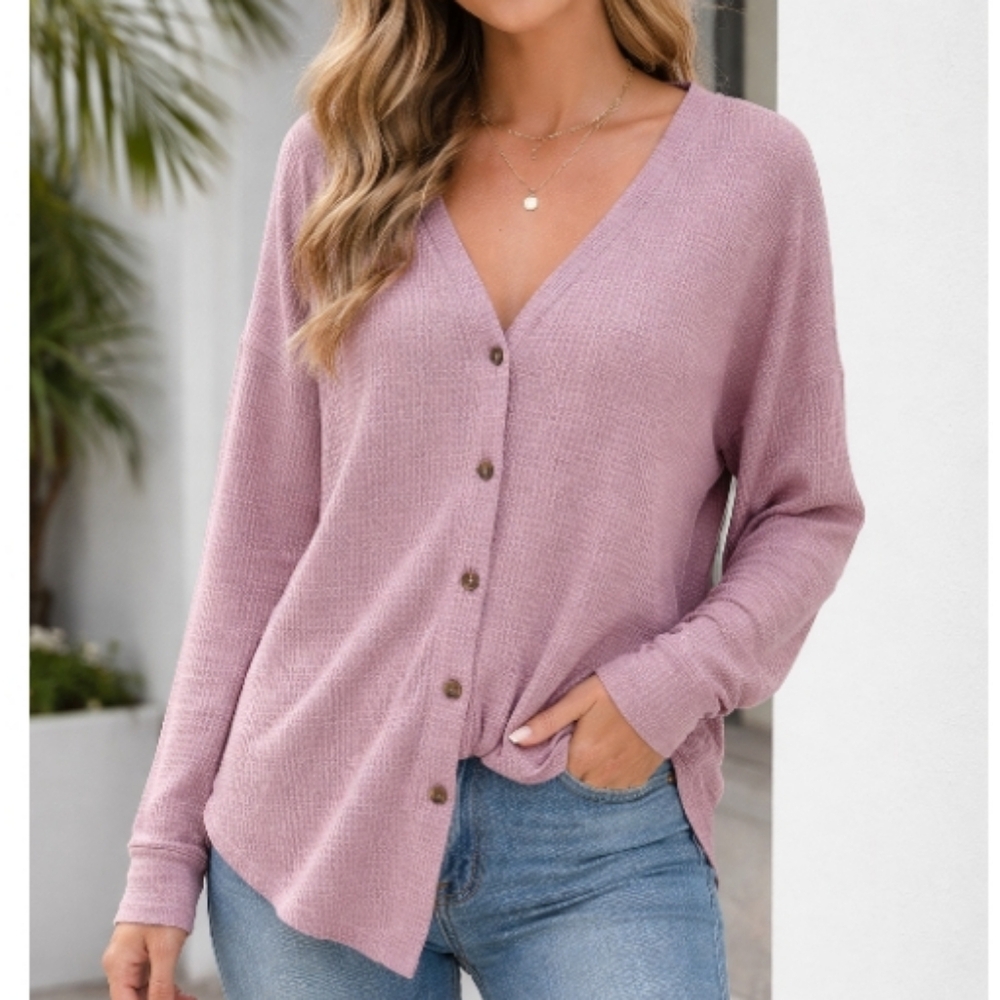 Hem & Thread Waffle Knit Top Mauve V-neck Button Front Size Small